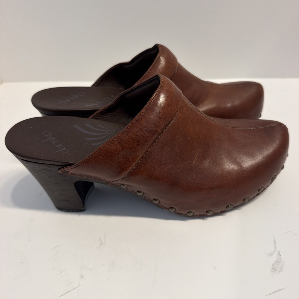 Dansko Brown Leather Studded Mule Clog wooden Heels Size 41 US 11-11.5